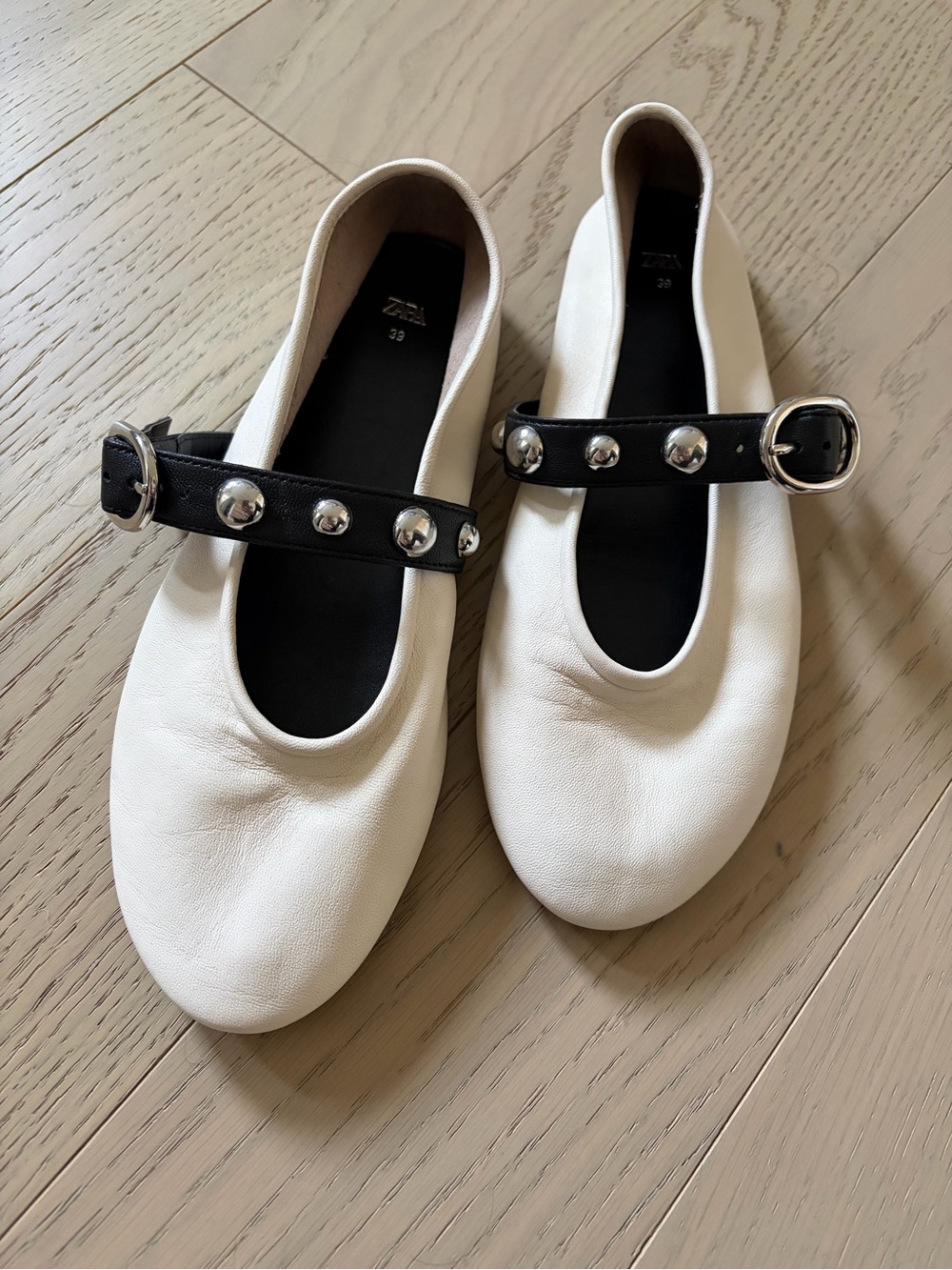 Zara Cream Leather Studded Mary Jane Ballet Flats EU 39 US 8.5 Buckle Balletcore - Picture 6 of 10